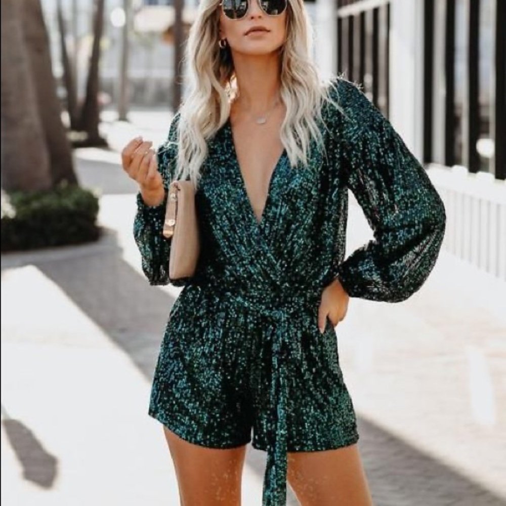 VICI green sequined surplus romper